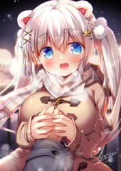 Rule 34 | 1girl, :d, animal ears, bear ears, blue eyes, blurry, blurry background, blush, bokeh, breasts, breath, chromatic aberration, coat, commentary, depth of field, duffel coat, fang, hair between eyes, hair bobbles, hair ornament, hairclip, holding hands, large breasts, long hair, long sleeves, looking at viewer, night, open mouth, original, outdoors, plaid, plaid scarf, pom pom (clothes), pom pom hair ornament, pov, pov hands, sasai saji, scarf, signature, skin fang, smile, solo focus, star (symbol), star hair ornament, twintails, upper body, white hair, winter, winter clothes, x hair ornament