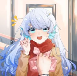 Rule 34 | alternate costume, blue eyes, blue hair, blush, bracelet, brown jacket, chinese commentary, doris (hololive), female pov, fins, gradient hair, head fins, hololive, hololive china, jacket, jewelry, long hair, luolinlinlinlin, multicolored hair, open mouth, pov, red scarf, scarf, shell hair ornament, silver hair, solo focus, surprised, sweatdrop, virtual youtuber