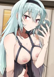 Rule 34 | 1girl, absurdres, alternate language, babydoll, black babydoll, blue hair, breasts, closed mouth, collarbone, commentary request, covered erect nipples, girls&#039; frontline, hair between eyes, hairband, highres, holding, holding phone, kuzumotsu, large breasts, lingerie, long hair, looking at viewer, midriff, multiple scars, navel, nipples, partial commentary, phone, red eyes, scar, scar on neck, see-through, selfie, solo, thunder (girls&#039; frontline), underwear