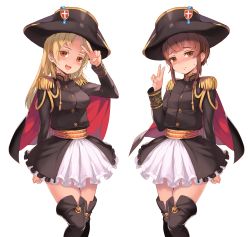 Rule 34 | 2girls, 3:, :d, bicorne, blush, cape, epaulettes, frown, furyou michi ~gang road~, hat, highres, jairou, long hair, looking at viewer, military, multiple girls, official art, open mouth, short hair, sidelocks, simple background, skirt, smile, thighhighs, v, white background, zettai ryouiki