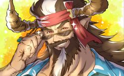 Rule 34 | 1boy, beard, brown hair, brown horns, draph, facial hair, granblue fantasy, hair ornament, hand up, headband, horns, jewelry, long beard, long hair, looking at viewer, male focus, multicolored hair, pointy ears, red eyes, red headband, redluck, sanwari (aruji yume), simple background, solo, sunglasses, thick eyebrows, two-tone hair, upper body, white hair, yellow background