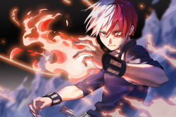 Rule 34 | 1boy, blue eyes, boku no hero academia, burn scar, commentary request, fire, grey eyes, heterochromia, highres, keapriciti, looking at viewer, male focus, multicolored hair, red hair, scar, scar on face, short hair, todoroki shouto, two-tone hair, white hair
