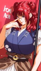 Rule 34 | 1girl, absurdres, breasts, coin, freckles, glasses, highres, holed coin, huge breasts, japanese clothes, kimono, lips, onozuka komachi, phantasmagoria of flower view, puffy short sleeves, puffy sleeves, red eyes, red hair, round eyewear, short sleeves, touhou, twintails, ultragruntyy