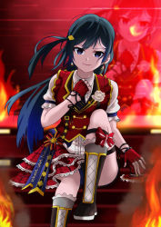 Rule 34 | 1girl, artist name, artist request, bare legs, black footwear, black hair, black skirt, blue hair, blue ribbon, blush, boots, breasts, chase (love live!), clenched hand, collared shirt, cross-laced footwear, dark blue hair, dress shirt, earrings, female focus, fingerless gloves, fire, floating hair, gloves, grey eyes, hair ornament, hairclip, half gloves, hat, high heel boots, high heels, jewelry, layered skirt, legwear garter, long hair, looking at viewer, love live!, love live! nijigasaki high school idol club, love live! school idol festival, medium breasts, mini hat, mini top hat, miniskirt, necktie, on stage, parted lips, plaid, plaid skirt, pleated, pleated skirt, ponytail, puffy short sleeves, puffy sleeves, purple neckwear, red gloves, red hat, red shirt, red skirt, red vest, ribbon, shirt, short sleeves, side ponytail, single legwear garter, sitting, skirt, smile, solo, sparkle print, stage, stage lights, suspender skirt, suspenders, top hat, triangle earrings, vest, white shirt, wing collar, yuki setsuna (love live!)