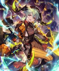 Rule 34 | 1girl, beret, boots, breasts, brown jacket, cape, clenched hand, demon girl, demon horns, demon wings, foot out of frame, gloves, green hair, hair between eyes, hat, high heels, highres, holding, holding polearm, holding weapon, horns, jacket, lee hyeseung, lightning, long sleeves, medal, medium breasts, military jacket, military uniform, official art, open hand, pants, pointy ears, polearm, romelia (shadowverse), shadowverse, short hair, smile, solo, spear, teeth, tongue, uniform, weapon, wing collar, wings, yellow eyes