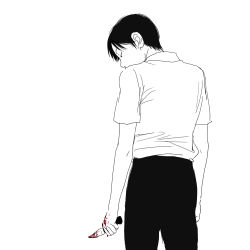 Rule 34 | 1boy, black hair, blood, blood on hands, bloody knife, from behind, greyscale, holding, holding knife, knife, looking down, male focus, monochrome, original, re:i, simple background, solo, spot color, white background