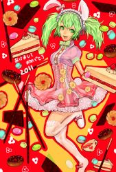 Rule 34 | 10s, 1girl, 2011, :d, animal ears, cake, cake slice, chocolate, cup, dated, doughnut, dress, food, green eyes, green hair, headdress, heart, highres, kneehighs, leg up, matching hair/eyes, moriko06, new year, open mouth, original, pink dress, pink skirt, pocky, rabbit ears, red background, skirt, smile, socks, solo, sweets, teacup, text focus, translation request, twintails