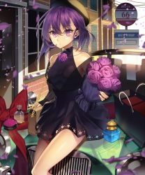 Rule 34 | 1girl, bad id, bad twitter id, bag, bare legs, bare shoulders, black dress, black neckwear, bottle, bouquet, breasts, building, car, carchet, choker, collarbone, detached sleeves, dress, expressionless, fingernails, flower, hair between eyes, hat, highres, holding, holding bouquet, holding flower, legs, legs together, looking at viewer, medium breasts, motor vehicle, on vehicle, original, outdoors, perfume bottle, petals, purple eyes, purple flower, purple hair, road sign, shopping bag, short dress, short hair, shoulder bag, sign, sitting, sleeveless, sleeveless dress, solo, vehicle