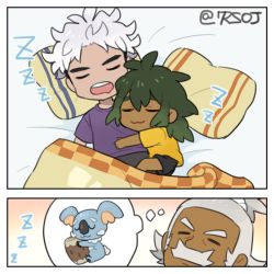 Rule 34 | 3boys, :3, black hair, closed eyes, closed mouth, commentary request, creatures (company), dark-skinned male, dark skin, game freak, gen 7 pokemon, green hair, grey hair, guzma (pokemon), hala (pokemon), hau (pokemon), komala, long hair, lying, male focus, multicolored hair, multiple boys, nintendo, on back, on side, pillow, pokemon, pokemon (creature), pokemon sm, purple shirt, sewenan, shirt, short sleeves, shorts, sleeping, smile, thought bubble, two-tone hair, under covers, zzz