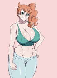 Rule 34 | 1girl, breasts, cleavage, collarbone, creatures (company), curvy, darwaarts, denim, game freak, green eyes, groin, hand on own hip, highres, jeans, large breasts, long hair, navel, nintendo, orange hair, pants, pink background, pokemon, pokemon swsh, ponytail, shiny clothes, shiny skin, smile, solo, sonia (pokemon), stomach, thick thighs, thighs, wide hips