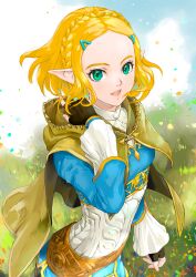 Rule 34 | 1girl, black gloves, blonde hair, blue skirt, blue sky, braid, cape, commentary request, crown braid, fingerless gloves, forehead, gloves, grass, green eyes, hair ornament, hairclip, highres, kosuga kumi, long sleeves, looking at viewer, nintendo, open mouth, outdoors, parted bangs, pointy ears, princess zelda, shirt, short hair, skirt, sky, solo, the legend of zelda, the legend of zelda: tears of the kingdom, upper body, white shirt
