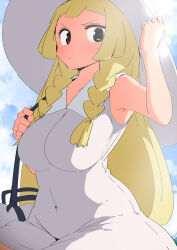 Rule 34 | 1girl, absurdres, alternate breast size, annoyed, bag, bare arms, blonde hair, braid, breasts, cloud, cloudy sky, collared dress, covered navel, creatures (company), curvy, day, dress, game freak, green eyes, hand on headwear, hat, highres, holding, holding bag, large breasts, lillie (pokemon), long hair, looking at viewer, nintendo, outdoors, pokemon, pokemon sm, sky, sleeveless, sleeveless dress, solo, sun hat, sundress, sunlight, sweat, sweatdrop, twin braids, very long hair, white dress, white hat, wide hips, woomochi