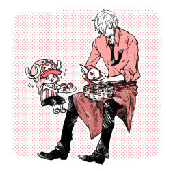 Rule 34 | :3, antlers, apple, apron, cigarette, curly eyebrows, food, fruit, hat, holding, holding food, holding fruit, holding knife, horns, invisible chair, itowo (itowc), knife, monochrome, mouth hold, necktie, one piece, pants, peeling, red theme, sanji (one piece), shirt, short hair, sitting, smile, tony tony chopper
