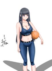 Rule 34 | 1girl, absurdres, ball, basketball, basketball (object), black hair, breasts, cleavage, highres, inoue takina, kenmaster17, long hair, lycoris recoil, simple background, solo