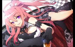 Rule 34 | 1girl, bare shoulders, black gloves, breasts, cleavage, dougan calpis con, gloves, ignis, jingai makyou, large breasts, lying, nitroplus, on stomach, pink hair, ponytail, purple eyes, side slit, solo