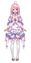 1girl :d ahoge bare_shoulders blue_flower breasts chyoling commentary_request detached_sleeves dress flower full_body gradient_hair hair_flower hair_ornament highres indie_virtual_youtuber kana_arora long_hair looking_at_viewer medium_breasts multicolored_hair official_art open_mouth pink_hair puffy_short_sleeves puffy_sleeves purple_eyes purple_hair short_sleeves simple_background smile solo standing thighhighs very_long_hair virtual_youtuber white_background white_dress white_flower white_sleeves white_thighhighs wrist_cuffs