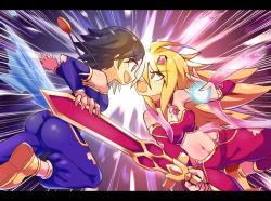 Rule 34 | 2girls, angry, arm warmers, ass, attack, bare shoulders, battle, black hair, blonde hair, breasts, cougar (cougar1404), eye contact, from behind, gypsy, hair ornament, holding, holding weapon, jewelry, long hair, looking at another, majin shoujo, multicolored hair, multiple girls, open mouth, orange eyes, pants, princess, red eyes, riva, shiny clothes, shiny skin, shoes, short hair, sideboob, smile, sword, torn clothes, very long hair, weapon, white hair, zizou olympia