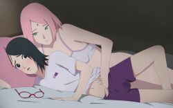 Rule 34 | 2girls, ^^^, age difference, bed, bed sheet, blush, boruto: naruto next generations, bottomless, facial mark, feet out of frame, fingering, fingering from behind, forehead mark, glasses, glasses removed, hand under clothes, haruno sakura, highres, incest, knee up, looking at another, lying, mother and daughter, motion lines, multiple girls, naruto (series), on bed, on side, open mouth, optimystic, pillow, pink hair, purple shorts, pussy juice stain, red-framed eyewear, shirt, short hair, short sleeves, shorts, sweat, thighs, uchiha sarada, unworn eyewear, white shirt, yuri