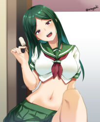 Rule 34 | 1girl, aona (anagasaki), breasts, food, green hair, green skirt, highres, holding, holding food, holding popsicle, indoors, large breasts, legs, long hair, looking at viewer, lv1 maou to one room yuusha, maou (lv1 maou to one room yuusha), medium breasts, midriff, navel, open mouth, parted bangs, popsicle, red eyes, sailor collar, short sleeves, skirt, smile, solo, teeth, twitter username, upper teeth only