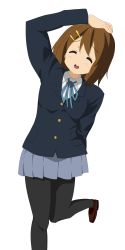Rule 34 | 00s, 1girl, absurdres, brown hair, closed eyes, female focus, highres, hirasawa yui, k-on!, pantyhose, school uniform, short hair, simple background, skirt, solo, walther p27