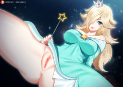 Rule 34 | 1girl, anus, aqua dress, aqua eyes, aqua thighhighs, artist name, ass, bare shoulders, blonde hair, breasts, closed mouth, collarbone, crown, dress, earrings, fingernails, hair over one eye, holding, holding wand, jewelry, large breasts, lips, long hair, long sleeves, looking at viewer, mario (series), nail polish, nintendo, no panties, off shoulder, outdoors, purple nails, pussy, rosalina, sitting, sky, smile, solo, space, spread legs, star (symbol), star earrings, super mario galaxy, thighhighs, tofuubear, twintails, uncensored, wand