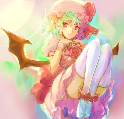 Rule 34 | 1girl, bat wings, blue hair, brooch, dearmybrothers, female focus, hat, jewelry, legs, pointy ears, red eyes, remilia scarlet, shoes, short hair, solo, thighhighs, touhou, white thighhighs, wings