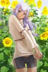 Rule 34 | 00s, 1girl, bike shorts, breasts, cloritin, clothes lift, covered erect nipples, elf, elvaan, final fantasy, final fantasy xi, flower, highres, lips, looking at viewer, medium breasts, midriff, pointy ears, prishe, purple eyes, purple hair, see-through, shirt lift, skindentation, smile, solo, standing, sunflower