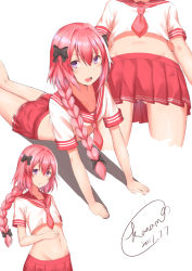 Rule 34 | 1boy, artist name, astolfo (fate), astolfo (sailor paladin) (fate), black bow, blush, bow, braid, collarbone, commentary request, dated, dot nose, fang, fate/apocrypha, fate/grand order, fate (series), gluteal fold, hair between eyes, hair bow, hand on own stomach, kaname (melaninusa09), long braid, long hair, looking at viewer, male focus, miniskirt, multiple views, navel, official alternate costume, open mouth, pink hair, pink neckwear, pink skirt, pleated skirt, purple eyes, sailor collar, simple background, single braid, skirt, smile, trap, white background