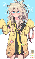 Rule 34 | 1girl, @ @, bandaid, black shirt, blonde hair, blue eyes, blush stickers, cardigan, collarbone, embarrassed, female focus, flying sweatdrops, hair ornament, hairclip, highres, jewelry, kasukabe tsumugi, looking at viewer, loose necktie, messy hair, necklace, necktie, non-caffeine mayonnaise, open cardigan, open clothes, oversized clothes, shirt, side ponytail, single bare shoulder, solo, tears, voicevox, wavy mouth, yellow cardigan, yellow necktie