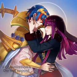 Rule 34 | 1boy, 1girl, alear (fire emblem), alear (male) (fire emblem), black shirt, blue hair, blush, breasts, fire emblem, fire emblem engage, gzei, hand on another&#039;s face, hetero, highres, husband and wife, imminent kiss, ivy (fire emblem), jewelry, long hair, long sleeves, looking at another, medium breasts, nintendo, official alternate costume, purple eyes, purple hair, ring, shirt, smile, wedding ring