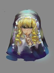 Rule 34 | 1girl, 21scorpii, black dress, black veil, blonde hair, coif, collar, commentary request, curly hair, dress, finger to mouth, frilled sleeves, frilled veil, frills, grey background, hair over eyes, highres, long hair, long sleeves, nun, original, red lips, shaded face, solo, traditional nun, upper body, veil, white collar