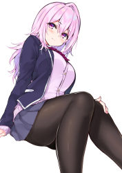 Rule 34 | 1girl, ass, black jacket, blazer, blue skirt, blush, bow, bowtie, breasts, brown pantyhose, buttons, cardigan, closed mouth, commentary request, cu-no, feet out of frame, hisen kaede, invisible chair, jacket, large breasts, long hair, long sleeves, looking at viewer, miniskirt, nail polish, open clothes, open jacket, pantyhose, pink cardigan, pink eyes, pink hair, pleated skirt, purple bow, purple bowtie, school uniform, simple background, sitting, skirt, smile, solo, white background, yayoi sakura
