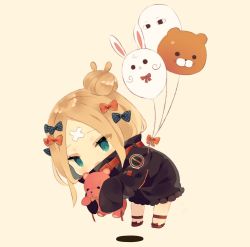 Rule 34 | 1girl, abigail williams (fate), abigail williams (traveling outfit) (fate), balloon, black bow, black jacket, blonde hair, blue eyes, blush, bow, brown background, chibi, crossed bandaids, eyes visible through hair, fate/grand order, fate (series), floating, fou (fate), hair bow, hair bun, heroic spirit traveling outfit, highres, holding, holding stuffed toy, jacket, long hair, long sleeves, looking at viewer, medjed (fate), mimo lm, multiple hair bows, official alternate costume, open mouth, orange bow, parted bangs, polka dot, polka dot bow, red footwear, shadow, shoes, single hair bun, sleeves past fingers, sleeves past wrists, solo, stuffed animal, stuffed toy, teddy bear