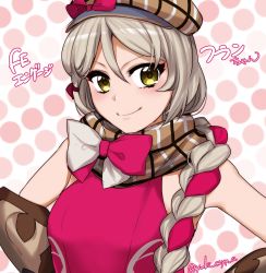 Rule 34 | 1girl, bare shoulders, bow, braid, character name, copyright name, fire emblem, fire emblem engage, framme (fire emblem), gauntlets, grey hair, hand on own hip, hat, hat bow, highres, looking at viewer, medium hair, nintendo, pink background, pink bow, polka dot, polka dot background, simple background, single braid, sleeveless, smile, solo, twitter username, upper body, v-shaped eyebrows, yellow eyes, yuki cryp a