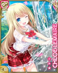 Rule 34 | 1girl, barefoot, blonde hair, blue eyes, breasts, card, character name, chloe lemaire, day, girlfriend (kari), long hair, medium breasts, official art, one eye closed, open mouth, outdoors, plaid, plaid skirt, qp:flapper, red skirt, shirt, skirt, smile, solo, standing, tagme, water, wet, wet clothes, white shirt