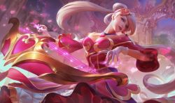Rule 34 | 1girl, alternate costume, alternate hair color, bare shoulders, blue eyes, breasts, cleavage, cleavage cutout, clothing cutout, dress, gloves, hair ornament, heart, heart hair ornament, instrument, league of legends, lipstick, long hair, makeup, official art, pink dress, silver hair, solo, sona (league of legends), sweetheart sona, twintails