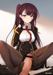 Rule 34 | 1boy, 1girl, asymmetrical bangs, bar censor, black dress, black gloves, black pantyhose, blush, bra, bra visible through clothes, breasts, brown hair, buttons, censored, clenched teeth, double-breasted, dress, erection, footjob, girls&#039; frontline, gloves, hand up, hetero, large breasts, long hair, long sleeves, macchiato (jae-min cho), military, military uniform, motion blur, necktie, one side up, pantyhose, parted lips, pelvic curtain, penis, pov, purple eyes, red necktie, see-through, shirt, short dress, sitting, spread legs, teeth, tsurime, twitter username, underwear, uniform, wa2000 (girls&#039; frontline), white bra, white shirt
