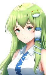 Rule 34 | 1girl, absurdres, bare shoulders, blush, chest sarashi, closed mouth, collared shirt, commentary, english commentary, frog hair ornament, green eyes, green hair, hair ornament, highres, kochiya sanae, kuneamorai, long hair, looking at viewer, sarashi, shirt, simple background, single hair tube, single sidelock, sleeveless, sleeveless shirt, smile, snake hair ornament, solo, touhou, upper body, white background, white shirt