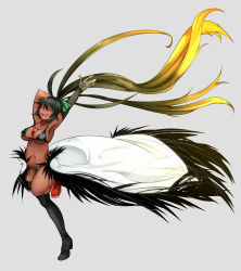 Rule 34 | 1girl, absurdly long hair, aoshima, armpits, arms up, asymmetrical footwear, asymmetrical legwear, bikini, bikini top only, bird wings, black gloves, black hair, black thighhighs, black wings, blonde hair, boots, bow, breasts, cape, closed eyes, collarbone, dark-skinned female, dark skin, full body, gloves, gradient hair, hair bow, happy, highres, large breasts, lips, long hair, low wings, micro bikini, mismatched footwear, multicolored hair, navel, open mouth, ponytail, reiuji utsuho, single glove, smile, solo, standing, standing on one leg, swimsuit, thigh boots, thighhighs, third eye, touhou, underboob, uneven legwear, very long hair, wings