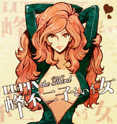 Rule 34 | 1girl, areola slip, arms behind head, bad id, bad pixiv id, bodysuit, breasts, brown eyes, brown hair, center opening, copyright name, heart, hosoime, large breasts, lips, lipstick, long hair, looking at viewer, lupin iii, lupin the third: mine fujiko to iu onna, makeup, mine fujiko, nipple slip, nipples, open bodysuit, open clothes, solo, unzipped