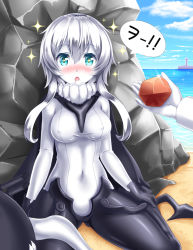 Rule 34 | + +, 10s, 1girl, :o, abyssal ship, admiral (kancolle), aqua eyes, bauxite, beach, blue eyes, blush, bodysuit, breasts, cape, caustics, colored skin, covered erect nipples, covered navel, day, drooling, giving, gloves, hair between eyes, hat, unworn hat, unworn headwear, highres, holding, kantai collection, kyamu (qqea92z9n), large breasts, long hair, looking at viewer, nose blush, ocean, on ground, open mouth, outdoors, pov, rock, saliva, short hair with long locks, sidelocks, sitting, solo focus, sparkle, sparkling eyes, speech bubble, spread legs, staring, symbol-shaped pupils, taut clothes, tentacles, wariza, water, white hair, white skin, wide-eyed, wo-class aircraft carrier