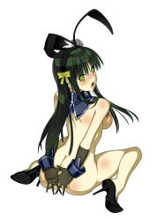 Rule 34 | 1girl, animal ears, ass, back, bad hands, bad id, bad pixiv id, banpresto, blush, bow, breasts, covering privates, covering ass, detached collar, from behind, full body, gloves, green hair, high heels, long hair, medium breasts, nakabayashi reimei, nude, nude cover, one eye closed, ouka nagisa, rabbit ears, shoes, simple background, solo, super robot wars, super robot wars original generation, thighhighs, wink, yellow bow, yellow eyes