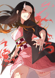 Rule 34 | 1girl, bandaged leg, bandages, black hair, breasts, brown hair, checkered sash, cleavage, clenched teeth, commentary request, fangs, fingernails, forehead, gradient background, gradient hair, grey background, hair ribbon, highres, horns, japanese clothes, kamado nezuko, kimetsu no yaiba, kimono, long fingernails, long hair, looking away, looking to the side, medium breasts, multicolored hair, obi, open clothes, parted bangs, pink kimono, pink ribbon, red eyes, ribbon, sash, sharp fingernails, sharp teeth, short sleeves, single horn, slit pupils, solo, spoilers, taka (0taka), teeth, v-shaped eyebrows, very long hair, white background, wide sleeves