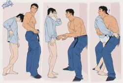 Rule 34 | 2boys, abs, artist name, bara, black hair, blue pants, blush, closed eyes, closed mouth, collared shirt, couple, hug, kashikahaya, large pectorals, looking at another, male focus, male underwear, multiple boys, muscular, muscular male, nipples, original, pants, pectorals, shirt, short hair, smile, topless male, underwear, white male underwear, white shirt, yaoi, zzz