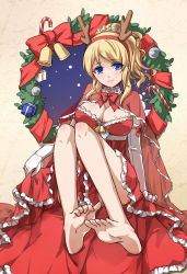 Rule 34 | 10s, 1girl, adapted costume, antlers, ayase eli, bare legs, barefoot, blonde hair, blue eyes, breasts, capelet, christmas, cleavage, elbow gloves, feet, gloves, hairband, highres, horns, large breasts, light smile, looking at viewer, love live!, love live! school idol project, md5 mismatch, off shoulder, parted lips, ponytail, reindeer antlers, resolution mismatch, santa costume, short ponytail, sindre, sitting, soles, solo, source smaller, thighs, toes, white gloves