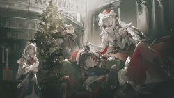 Rule 34 | 4girls, animal ears, arknights, bag, bear ears, bear girl, blonde hair, blue eyes, blue ribbon, book, bookshelf, boots, braid, brown footwear, brown hair, candle, cheonyeon-hi, choker, christmas ornaments, christmas tree, couch, dress, finger to mouth, gift, gloves, gummy (arknights), hair ornament, hairclip, hand on another&#039;s ear, hat, headband, heterochromia, highres, holding, holding book, holding gift, hood, hoodie, istina (arknights), istina (bibliosmia) (arknights), jacket, long hair, looking ahead, looking at another, looking back, monocle, multicolored hair, multiple girls, on couch, red eyes, red thighhighs, ribbon, rosa (arknights), rosa (masterpiece) (arknights), santa hat, short twintails, shoulder bag, shushing, sleeping, strapless, strapless dress, streaked hair, tassel, thighhighs, twintails, white gloves, white hair, zima (arknights), zima (ready to go) (arknights)