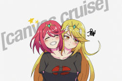 Rule 34 | 1girl, 2girls, absurdres, artist name, blonde hair, blush, breasts, canvascruise, conjoined, closed eyes, highres, large breasts, multiple girls, mythra (xenoblade), nintendo, pout, pyra (xenoblade), red hair, smile, super smash bros., tiara, xenoblade chronicles (series), xenoblade chronicles 2