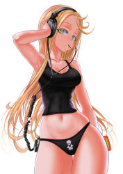 Rule 34 | 1girl, arm behind back, arm up, black camisole, black panties, blonde hair, breasts, camisole, commentary, cowboy shot, food in mouth, front-print panties, green eyes, half-closed eyes, hand on headphones, headphones, highres, holding, kein hasegawa, long hair, looking at viewer, medium breasts, midriff, navel, original, panties, pocky, pocky in mouth, print panties, simple background, skindentation, solo, standing, thigh gap, underwear, underwear only, very long hair, white background