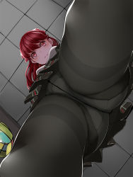 Rule 34 | 1girl, ass, black pantyhose, black skirt, blush, breasts, ceiling, closed mouth, crotch seam, from below, highres, looking at viewer, looking down, medium breasts, miniskirt, nemu (nebusokugimi), panties, panties under pantyhose, pantyhose, persona, persona 5, plaid, plaid skirt, pleated skirt, ponytail, red eyes, red hair, skirt, smile, solo, thighband pantyhose, underwear, view between legs, yoshizawa kasumi
