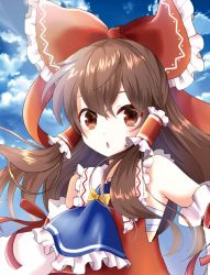 Rule 34 | 1girl, :o, armpits, ascot, bare shoulders, blush, bow, brown hair, chest sarashi, cloud, cloudy sky, day, detached sleeves, frilled shirt collar, frilled sleeves, frills, hair bow, hair ribbon, hair tubes, hakurei reimu, highres, large bow, long hair, long sleeves, looking at viewer, nonoko (capsule-nnk), red eyes, ribbon, ribbon-trimmed sleeves, ribbon trim, sarashi, sky, solo, touhou, vest, wide sleeves